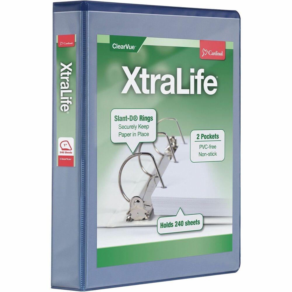 CRD26312 - View binder features a unique XtraLife material that will not stick to cover title insert or materials stored inside, including photos, laser prints and photocopies. Material is much stronger than standard vinyl so no seam splitting and hinge tearing. Unique, polyolefin cover material is better for the environment when produced and disposed than vinyl. Nonstick cover offers a clear, nonglare overlay on three-sides for easy customization. Designed to endure extreme temperatures, this binder is cold-crack tested to negative 50 degrees Fahrenheit. Locking Slant-D rings hold 25 percent more letter-size material than standard round rings while GelTab triggers make it comfortable to operate. Back-mounted steel rings provide a clean, professional spine and reduce wear. 1-1/2" ring capacity holds 375 sheets. Horizontal pockets on the inside front and back covers hold loose papers. Each pocket holds 40 sheets. Binder also features a sturdy chipboard core and exposed rivets. More from the Manufacturer