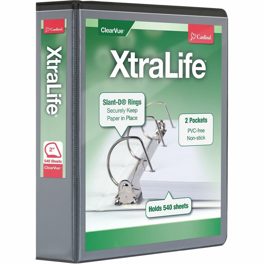 CRD26321 - View binder features a unique XtraLife material that will not stick to cover title insert or materials stored inside, including photos, laser prints and photocopies. Material is much stronger than standard vinyl so no seam splitting and hinge tearing. Unique, polyolefin cover material is better for the environment when produced and disposed than vinyl. Nonstick cover offers a clear, nonglare overlay on three-sides for easy customization. Designed to endure extreme temperatures, this binder is cold-crack tested to negative 50 degrees Fahrenheit. Locking Slant-D rings hold 25 percent more letter-size material than standard round rings while GelTab triggers make it comfortable to operate. Back-mounted steel rings provide a clean, professional spine and reduce wear. 2" ring capacity holds 540 sheets. Horizontal pockets on the inside front and back covers hold loose papers. Each pocket holds 40 sheets. Binder also features a sturdy chipboard core and exposed rivets. More from the Manufacturer