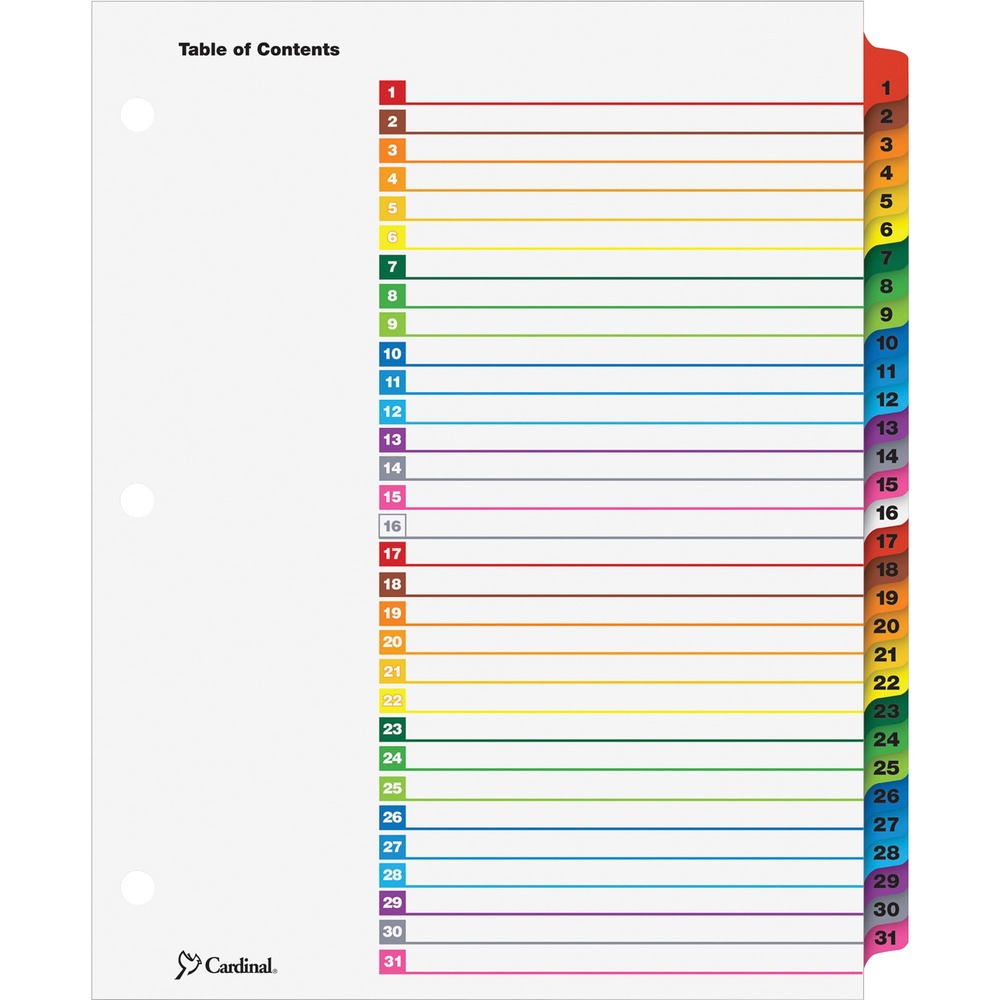 CRD60118 - OneStep Index System instantly creates custom index sets by printing onto the included Table of Contents sheets. Matching, preprinted tabs on the divider sheets can be used in either portrait or landscape formats. Multicolored tab sets have coordinating, multicolor, Table of Contents sheets. Easy-to-use, free templates in your favorite software are available online. Tabs and ring edges are reinforced to withstand heavy use. Three-hole punched indexes are compatible with laser or inkjet printers, as well as standard typewriters. Tabs are numbered 1 to 31.