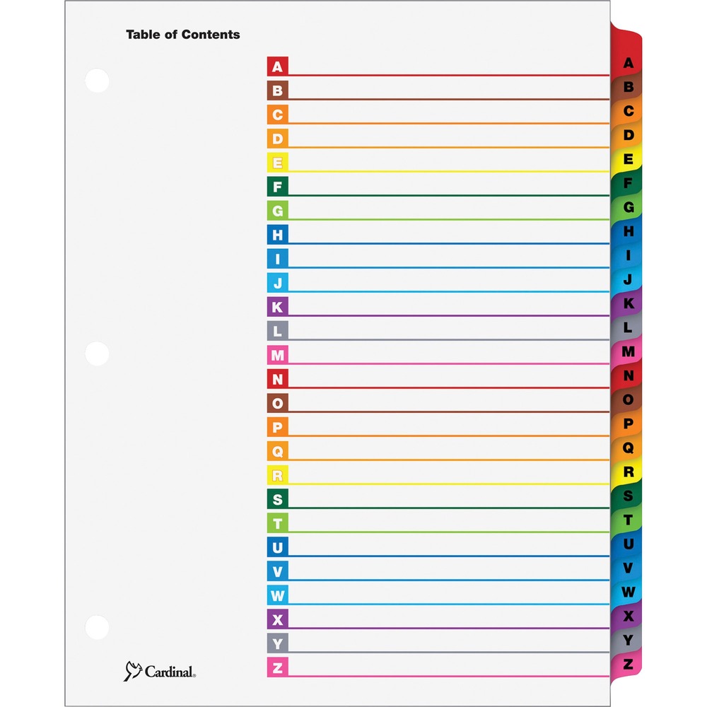 CRD60218 - OneStep Index System instantly creates custom index sets by printing onto the included Table of Contents sheets. Matching, preprinted tabs on the divider sheets can be used in either portrait or landscape formats. Multicolored tab sets have coordinating, multicolor, Table of Contents sheets. Easy-to-use, free templates in your favorite software are available online. Tabs and ring edges are reinforced to withstand heavy use. Three-hole punched indexes are compatible with laser or inkjet printers, as well as standard typewriters. Tabs are labeled from A to Z for alphabetical indexing.