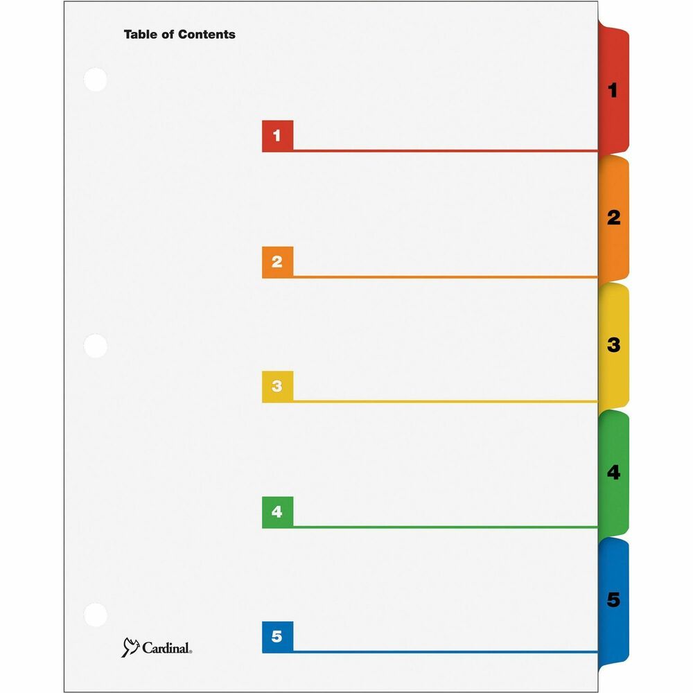 CRD60518 - OneStep Index System with five tabs instantly creates custom index sets by printing onto the included Table of Contents sheets. Multicolored tab set matches the coordinating, multicolored Table of Contents sheet. Matching, preprinted tabs on the divider sheets can be used in either portrait or landscape formats. Easy-to-use, free templates in your favorite software are available online. Numbered tabs and ring edges are reinforced to withstand heavy use. Three-hole punched indexes are compatible with laser or inkjet printers, as well as standard typewriters. Use with letter-size presentations.