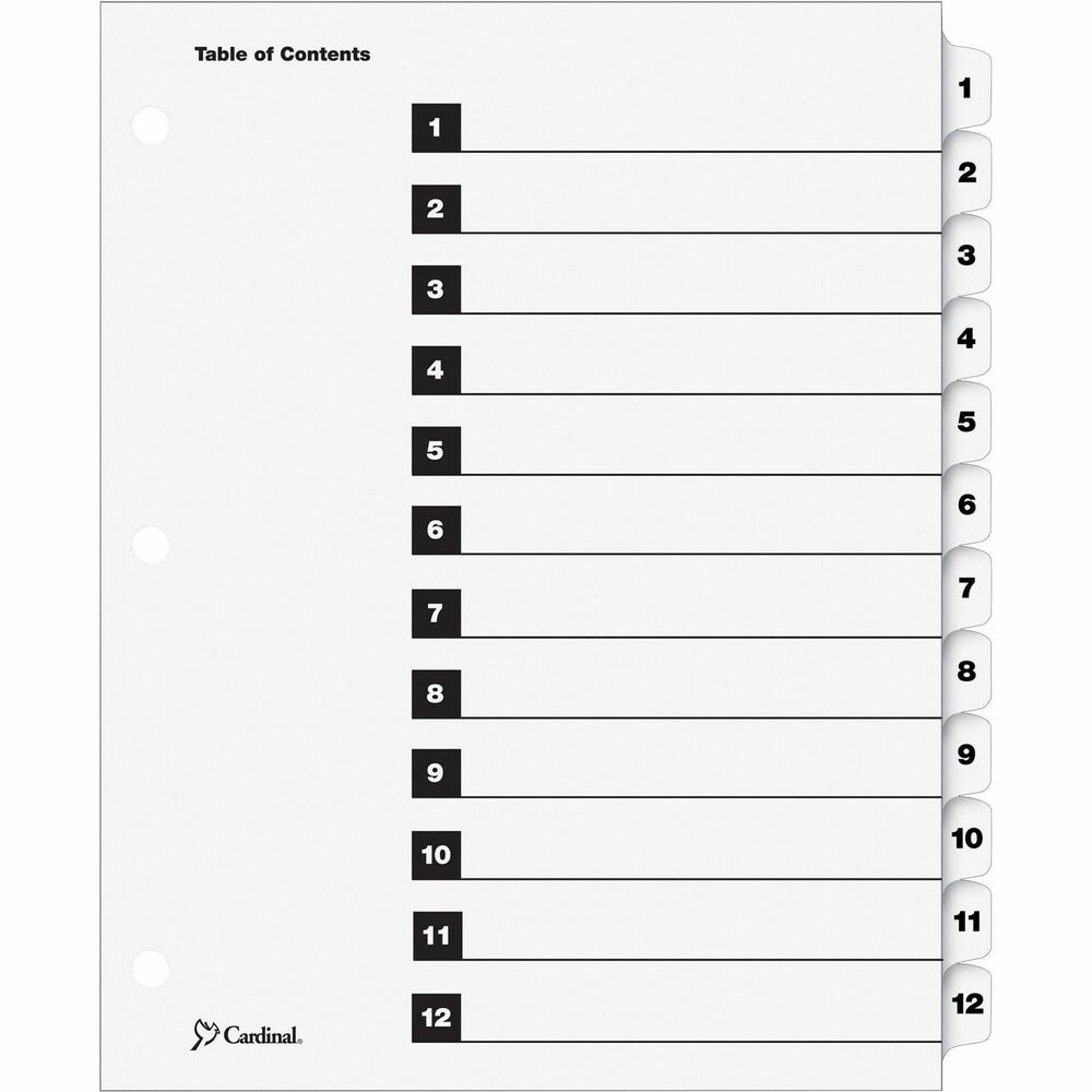 CRD61213 - OneStep Index System with 12 tabs instantly creates custom index sets by printing onto the included Table of Contents sheets. Matching, preprinted tabs on the divider sheets can be used in either portrait or landscape formats. Easy-to-use, free templates in your favorite software are available online. Numbered tabs and ring edges are reinforced to withstand heavy use. Three-hole punched indexes are compatible with laser or inkjet printers, as well as standard typewriters. Use with letter-size presentations.