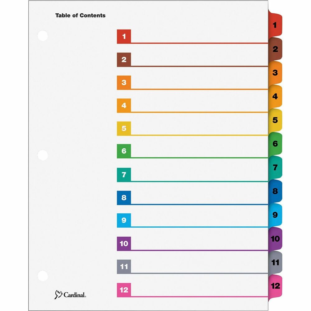 CRD61218 - OneStep Index System with 12 tabs instantly creates custom index sets by printing onto the included Table of Contents sheets. Multicolored tab set matches the coordinating, multicolored Table of Contents sheet. Matching, preprinted tabs on the divider sheets can be used in either portrait or landscape formats. Easy-to-use, free templates in your favorite software are available online. Numbered tabs and ring edges are reinforced to withstand heavy use. Three-hole punched indexes are compatible with laser or inkjet printers, as well as standard typewriters. Use with letter-size presentations.