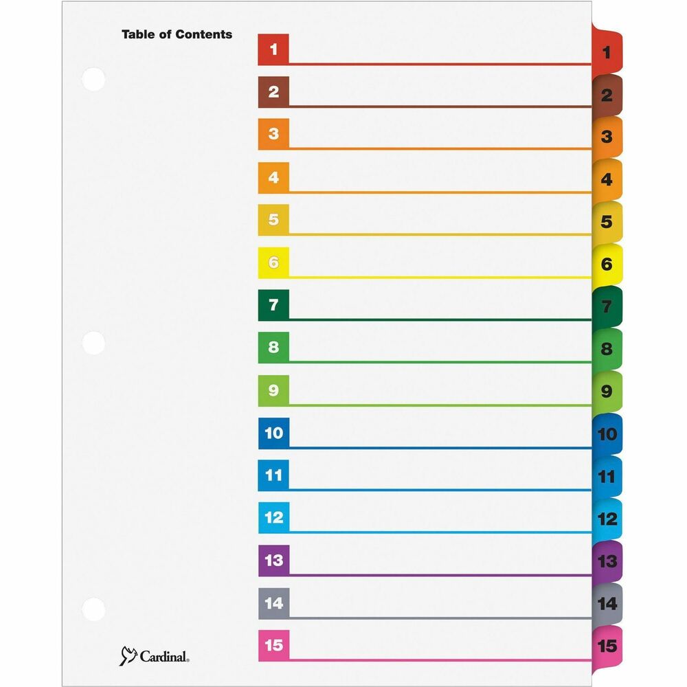 CRD61518 - OneStep Index System with 15 tabs instantly creates custom index sets by printing onto the included Table of Contents sheets. Multicolored tab set matches the coordinating, multicolored Table of Contents sheet. Matching, preprinted tabs on the divider sheets can be used in either portrait or landscape formats. Easy-to-use, free templates in your favorite software are available online. Numbered tabs and ring edges are reinforced to withstand heavy use. Three-hole punched indexes are compatible with laser or inkjet printers, as well as standard typewriters. Use with letter-size presentations.
