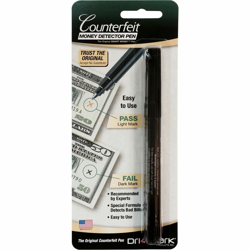 DRI351B1 - Counterfeit Money Detector Pen is ideal for use in busy retail environments. This quick, inexpensive currency-screening device can be used in conjunction with other counterfeit detection methods. Mark a small line on U.S. currency. When mark is amber, the bill is genuine. If mark is black or dark brown, the bill is suspect.