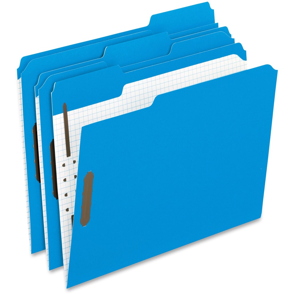 PFX21301 - File folders feature two built-in embossed fasteners, specially designed to take up less room in the file cabinet. Fasteners in positions No. 1 and 3 also securely hold papers in the folder. Double-reinforced tops offer extra durability. Interior grid offers a way for convenient note-taking. Each folder expands 2" to hold a thick stack of important documents. Use the bright colors for color-coding your files for quick referencing. Fastener folders are made of 11 point stock.