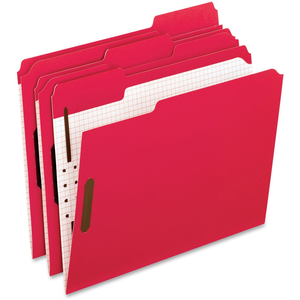PFX21319 - File folders feature two built-in embossed fasteners, specially designed to take up less room in the file cabinet. Fasteners in positions No. 1 and 3 also securely hold papers in the folder. Double-reinforced tops offer extra durability. Interior grid offers a way for convenient note-taking. Each folder expands 2" to hold a thick stack of important documents. Use the bright colors for color-coding your files for quick referencing. Fastener folders are made of 11 point stock.