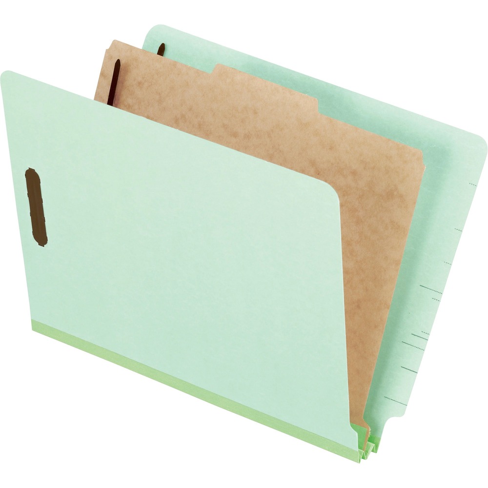 PFX23214 - Pressboard Classification Folders feature built-in dividers that separate related documents inside the same folder. Full end-tab design is perfect for filing in shelf systems. One divider provides four-section filing. Letter-size folders are made of sturdy, 25 point pressboard. Dividers are made of durable, 17 point Kraft. Folders have 2" capacity embossed fasteners in positions No. 1 and 3. Dividers have a 1" capacity and a fastener in the No. 1 position. Folders have 2" tape-reinforced gussets to prevent ripping and tearing.