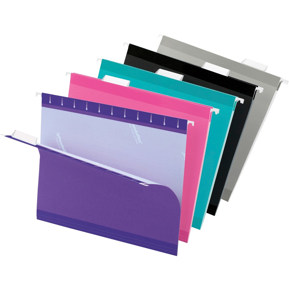 PFX415215ASST2 - Reinforced Hanging File Folders include letter-size, printer-ready insert sheets for use with clear tabs and a dispensing box with perforated section for easy, one-at-a-time access. Reinforced with patented polylaminate at all critical wear points. Lighter interior helps prevent misfiles.