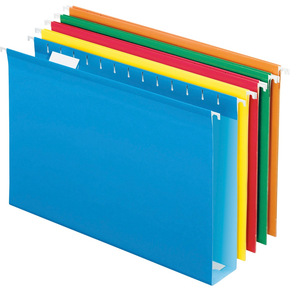 PFX4153X2ASST - Extra-capacity Hanging Folders with box bottoms allow you to file thick documents, bulky catalogs, phone books and manuals. Strong poly construction is virtually wearproof, tearproof and waterproof. Construction includes a square bottom with a pressboard reinforcing insert for superior durability and with Poly-Laminate where you need it most. InfoPocket "file in a file" lets you safely store CDs, business cards, photos and other small items within folder. Design also offer coated hanging rods, 1/5-cut tabs and a 2" capacity. Hanging folders include clear tabs and blank inserts.