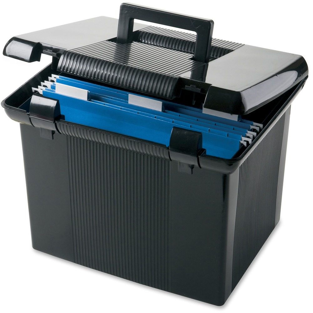 PFX41742 - Transport important documents easily with Portable File Box. It gives you a complete, ready-to-use portable filing system with a durable built-in handle and secure latch closure. Flip-up handle stays out of way until needed. Lid protects contents when closed. This black file box contains three black Pendaflex Reinforced Hanging Folders with clear plastic tabs and inserts. Each file box holds up to 22 letter-size hanging folders. File box is made of durable, high-impact plastic.