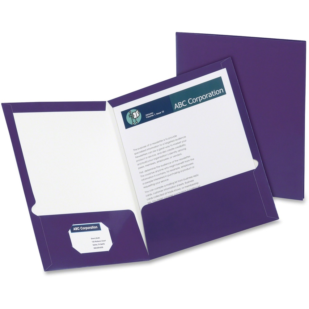 OXF5049526 - Two-pocket folders enhance reports and presentations. Made of long-lasting, metallic-coated, laminated material. Business card holder is die-cut and located on the inside pocket. Each folder holds 100 sheets with 50 sheets for each pocket.