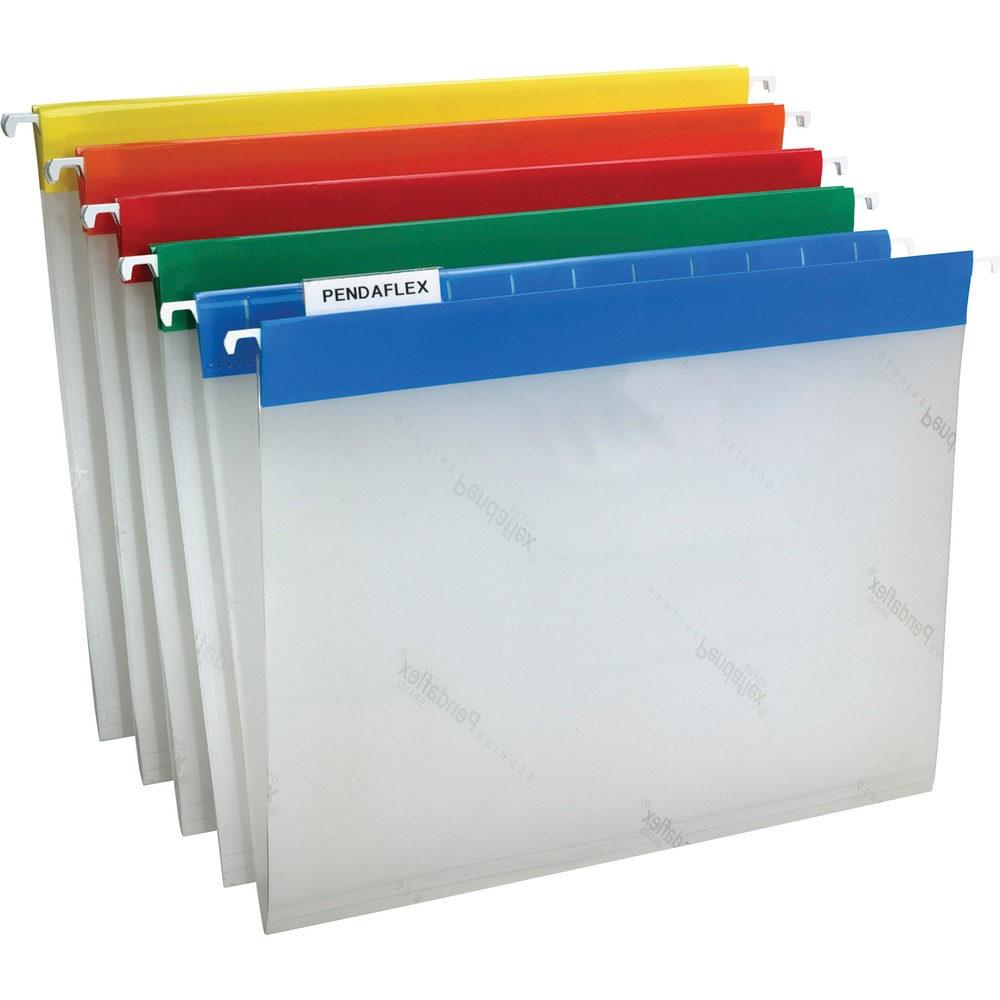 PFX55708 - Clear poly hanging folders feature see-through design for instant visibility of filed materials. Color bar across the top of each folder makes it easy to color-code projects and prevent misfiles. Durable poly construction resists wear, tear and moisture. Five each of blue, green, red, yellow and orange. Includes 1/5-cut tabs and inserts.