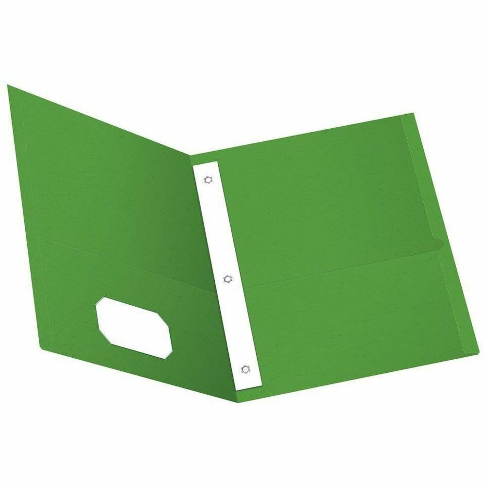 OXF57703 - Oxford Twin Pocket Folders store up to 135 sheets of letter-sized paper. The built-in, 2-prong metal fasteners prevent important papers from falling out. Textured light green covers. Die-cut business card holder on inside pocket. Paper made from 10% recycled fiber with 10% post consumer fiber. Letter size. 25 Per box. 