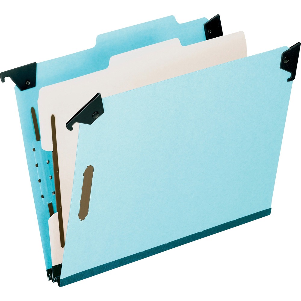 PFX59251 - Durable, 100 percent Pressboard folder features prong fasteners inside both covers and on both sides of the divider. Metal fasteners are 2-3/4" center to center, positioned on the short end of the letter-size folder. 25 point, blue Pressboard covers have 2/5-cut index tabs in right-of-center position. Center dividers are made of 20 point Pressboard. Hanger rods fold down for convenient transporting. 2" expansion gusset is made of long-lasting, reinforced tape. Classification folder is acid-free.