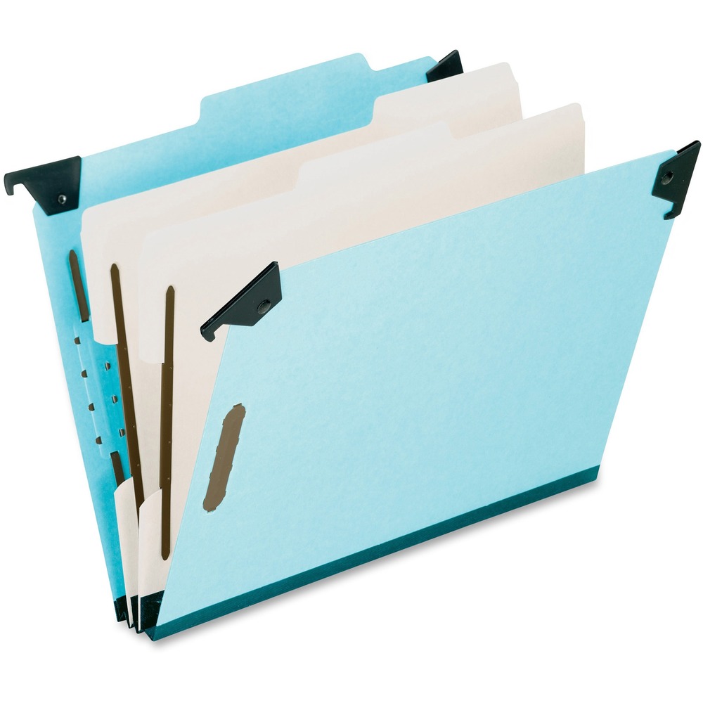 PFX59352 - Durable, 100 percent Pressboard folder features prong fasteners inside both covers and on both sides of dividers. Metal fasteners are 2-3/4" center to center, positioned on the short end of the folder. 25 point, blue Pressboard covers have 2/5-cut index tabs in right-of-center position. Center dividers are made of 20 point Pressboard. Hanger rods fold down for convenient transporting. 2" expansion gusset is made of long-lasting, reinforced tape. Classification folder is acid-free.