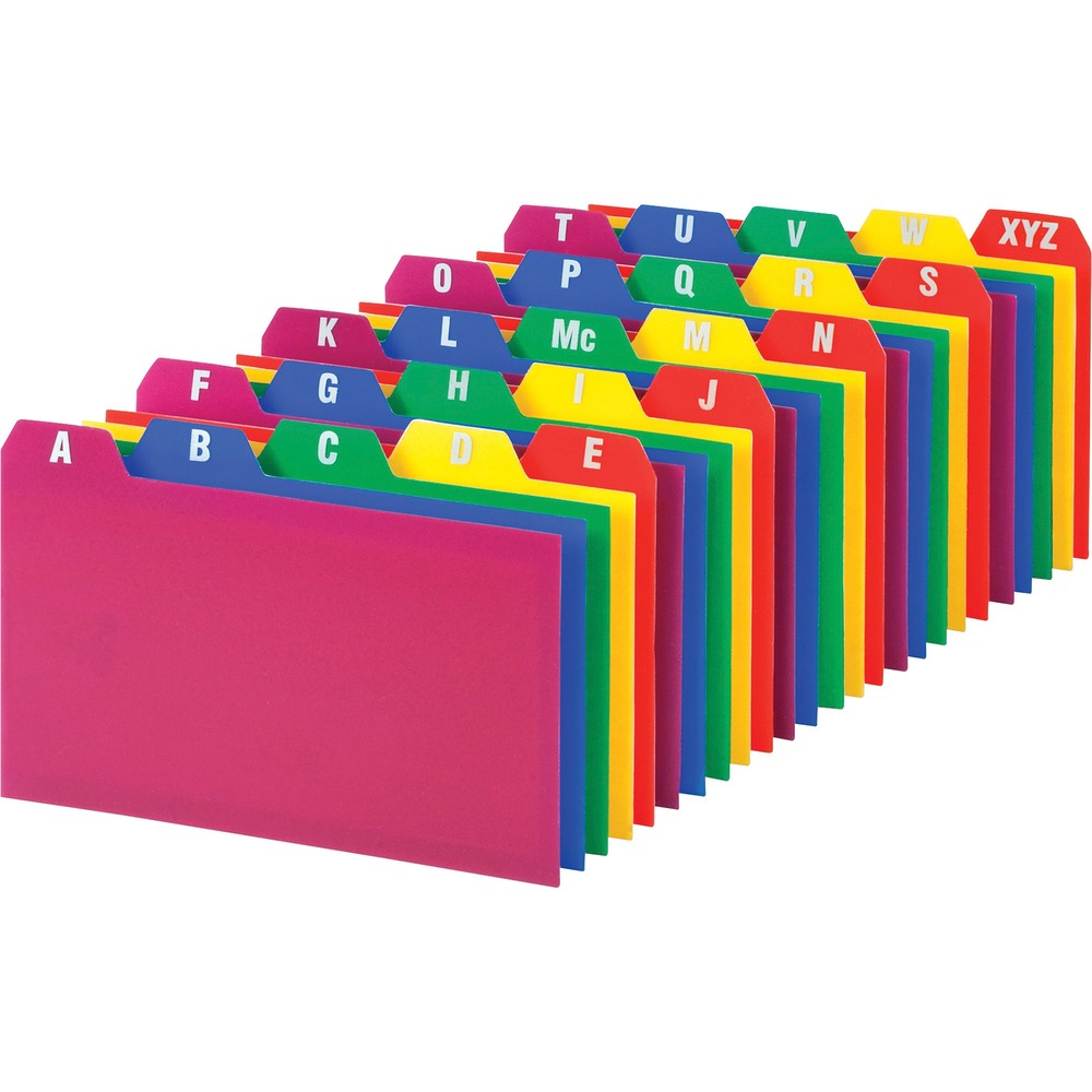 OXF73153 - Poly A-Z Index Card Guides feature bright tabs with bold letters that stand out immediately for fingertip referencing. 1/5-cut tabs are in different colors to differentiate file sections. Card guides are made from wear-resistant, tear-resistant, moisture-resistant poly for long-lasting performance. Precious cut ensures uniformity.