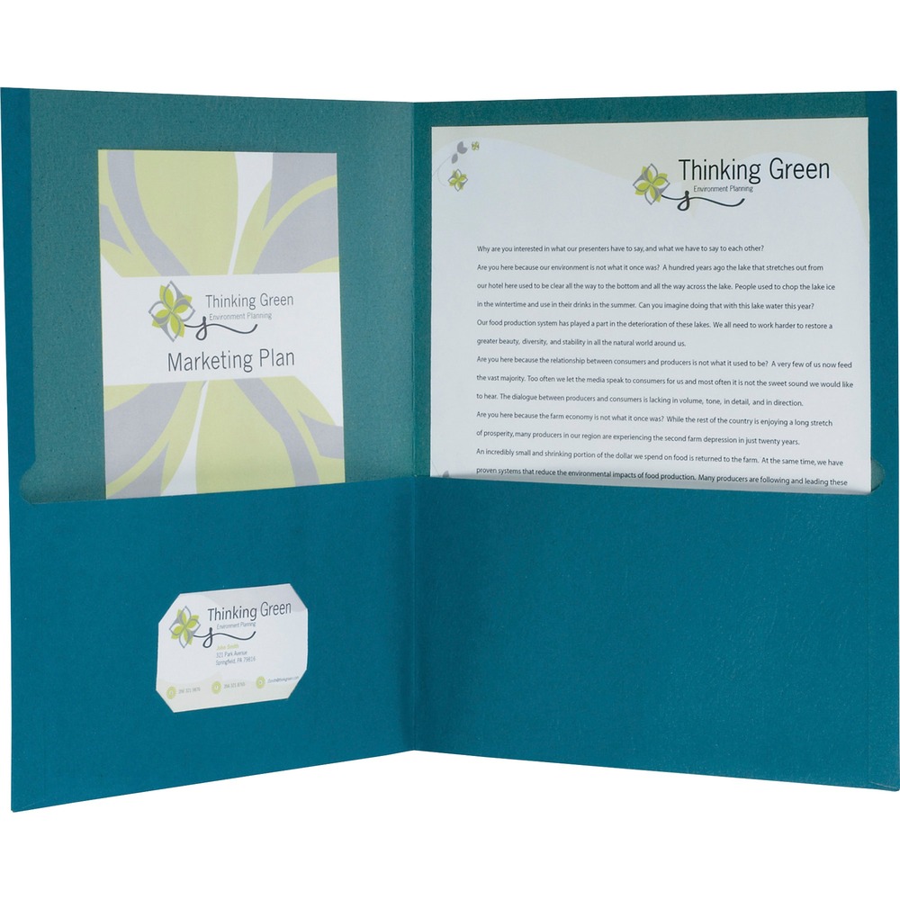 OXF78502 - EarthWise twin-pocket feature two interior pockets to hold letter-size documents. The left side pocket is die-cut to hold business cards for instant personalization. Pocket construction with thumb cut and reinforced sides resists tearing from normal use.