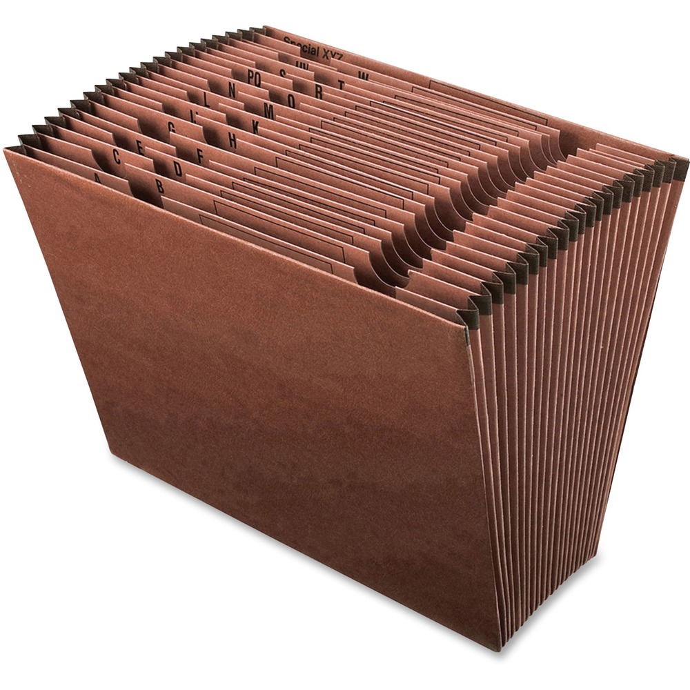 PFXER17A - Expanding file features an open top for quick filing and access to filed contents. Red fiber has a leather-look red fiber. Convenient preprinted dividers separate papers into easy-to-find categories from A through Z. Reinforced gusset tops prevent bursting and tearing. Expanding file is acid-free.