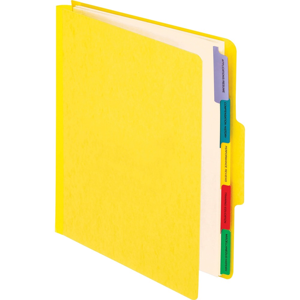 PFXSER1YEL - Personnel Folder protects important employee information with a moisture-resistant, durable surface. Reinforced tape gusset expands 2" for adding more information and includes a 1" bonded fastener on inside front cover. Organize your personnel information with the five Mylar-reinforced tabs on the built-in dividers. Tabs are pre-printed for immediate use. Those tab titles include Application/Resume, Compensation, Performance, Training/Education and Miscellaneous. Durable, 20 point Press Guard covers are acrylic-coated so they are moisture-resistant and smudge-resistant.