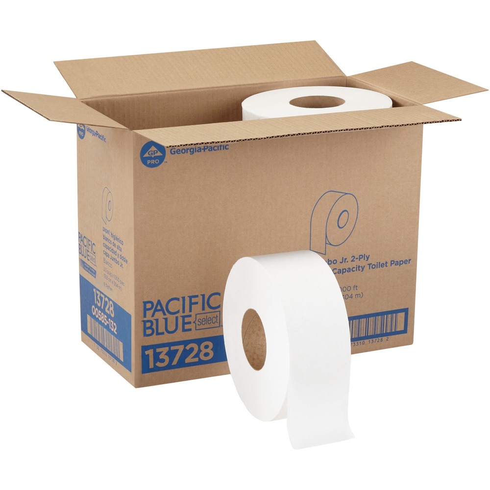 GPC13728 - Jumbo Jr. bath tissue is ideal for high-traffic areas, such as washrooms in hotels, office buildings, public facilities, schools, foodservice and healthcare facilities. Each jumbo-sized, two-ply roll delivers an economical 1,000' of tissue, which means reduced maintenance time and greater customer satisfaction by decreasing the chances of runout during peak times. Tissue is designed for use in the Georgia Pacific 9" Jumbo and Jumbo Jr. Bath Tissue Dispensers. More from the Manufacturer
