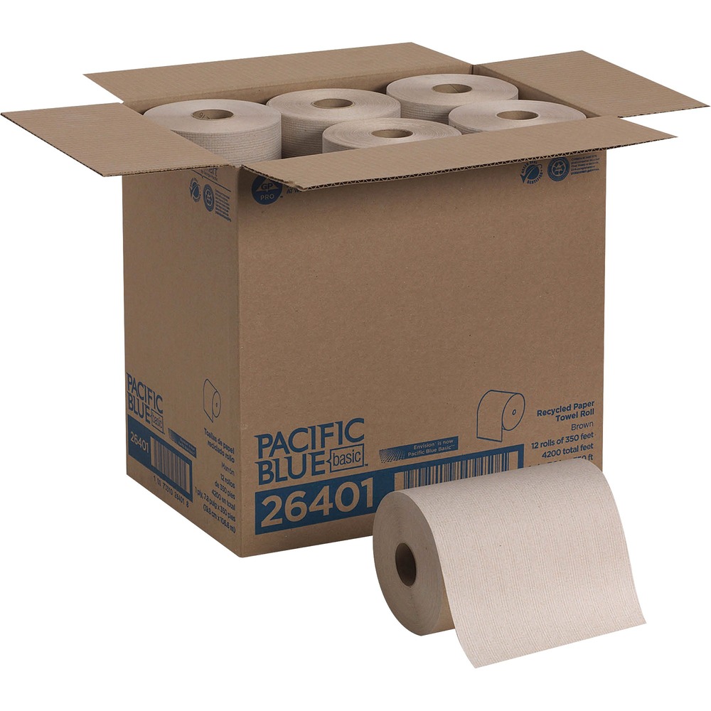 GPC26401 - Hardwound roll towels offer reliable performance for environmentally concerned customers. Ideal for washrooms in government and public facilities, office buildings, foodservice facilities and lodging. Smaller diameter roll fits into a wide range of everyday, hardwound, roll dispensers. One-ply towels offer a high percentage of recycled content and are EPA compliant for minimum post-consumer waste recycled fiber content. Each roll is nonperforated for easy tear-off from dispensers. More from the Manufacturer