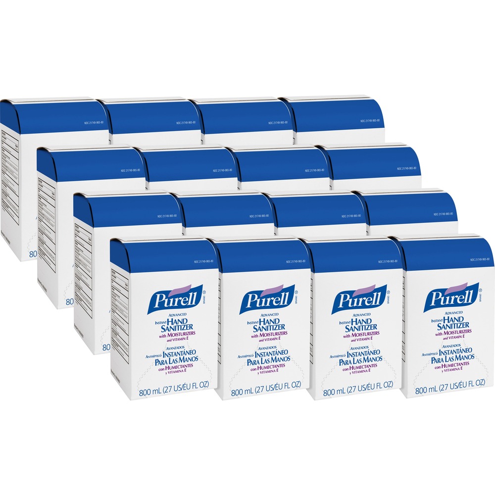 GOJ965712 - Refill for PURELL Bag-in-the-Box Dispensers kills 99.99 percent of germs that may cause illness. Hand sanitizer works in as little as 15 seconds. No water or towels needed. Specially formulated moisturizers leave hands feeling soft and refreshed. Refill is designed for use in PURELL 800 ml. Bag-in-box Dispensers.