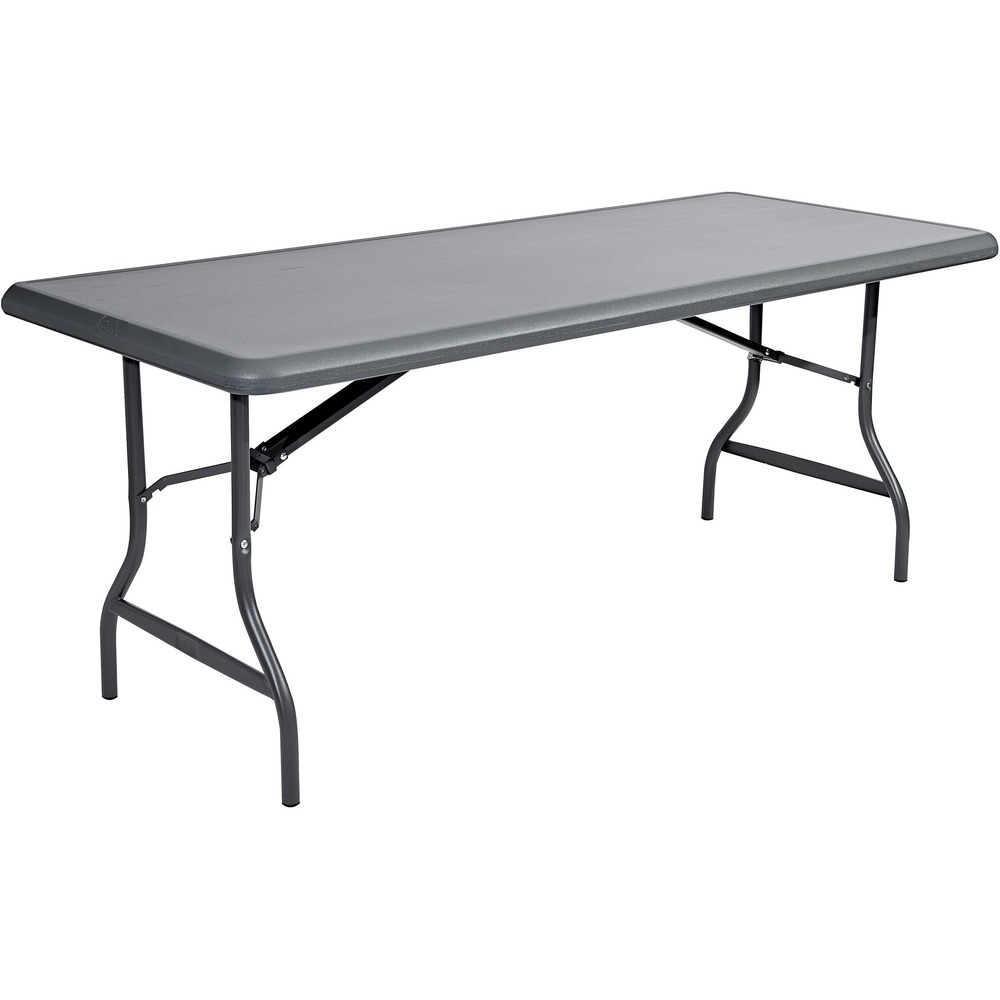 ICE65227 - Folding table is made for heavy-duty use indoors or outdoors yet is 30 percent lighter than standard folding tables. Capacity is 2,000 lb. evenly distributed. 2" tabletop is made of durable, blow-molded, high-density polyethylene that is dent-resistant and scratch-resistant. Tubular legs are made of heavy-gauge steel with a powder-coat finish. 1" round legs fold into recessed cavities beneath the table. Folding table is designed to nest with other Iceberg IndestrucTable Too tables when stacking to allow maximum storage capacity.