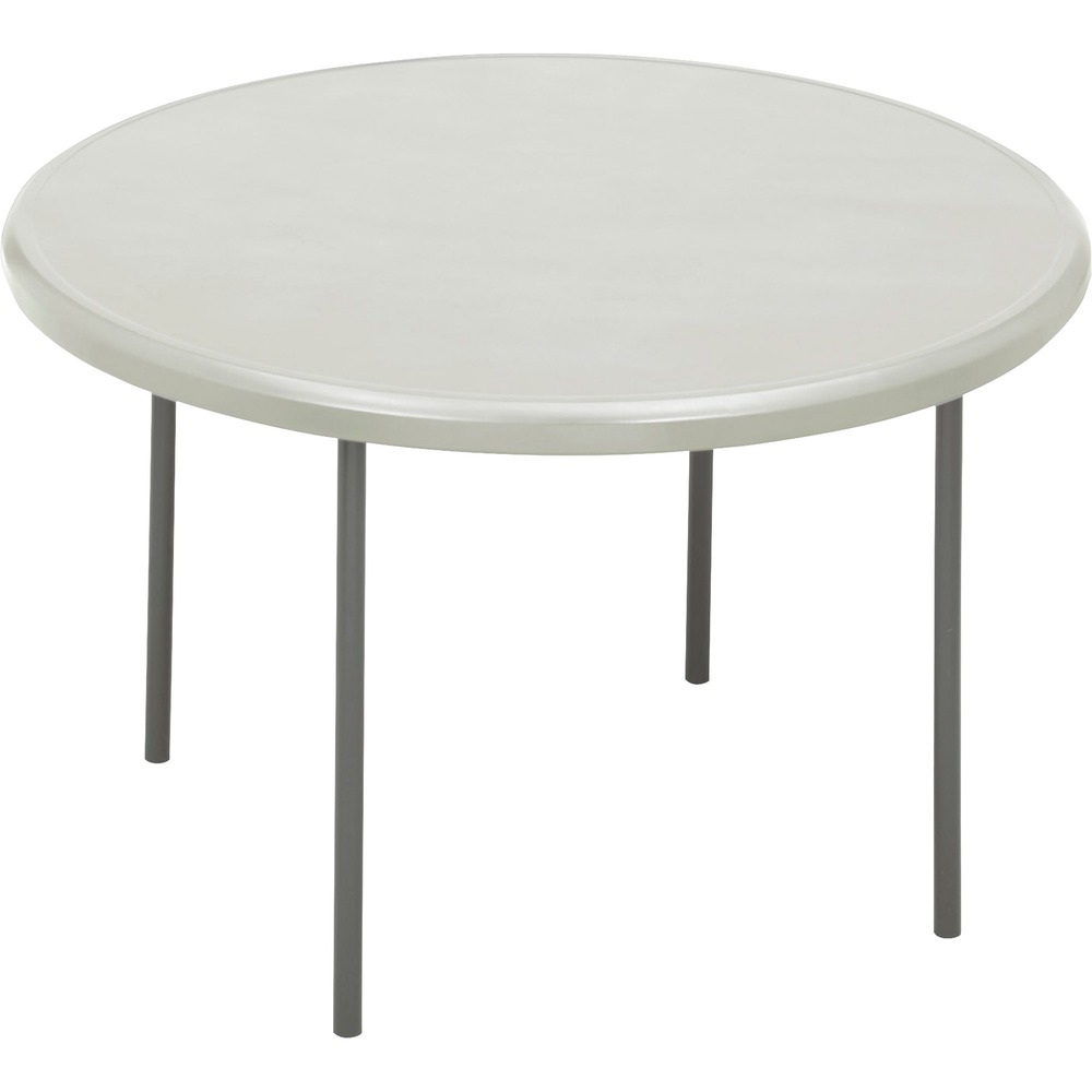 ICE65243 - Round folding table is made for heavy-duty use indoors or outdoors yet is 30 percent lighter than standard folding tables. Sturdy construction holds 600 lb. evenly distributed. 2" tabletop is made of durable, blow-molded, high-density polyethylene that is dent-resistant and scratch-resistant. Tubular legs are made of heavy-gauge steel with a powder-coat finish. Legs fold into recessed cavities beneath the table. Folding table is designed to nest with other Iceberg IndestrucTable Too tables when stacking to allow maximum storage capacity.