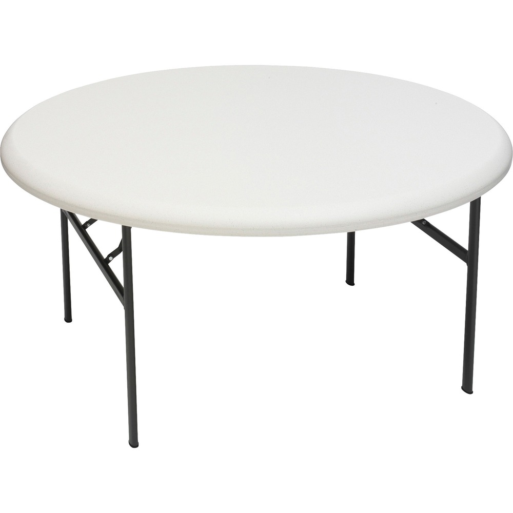ICE65263 - Round folding table is made for heavy-duty use indoors or outdoors yet is 30 percent lighter than standard folding tables. Sturdy construction holds 600 lb. evenly distributed. 2" tabletop is made of durable, blow-molded, high-density polyethylene that is dent-resistant and scratch-resistant. Tubular legs are made of heavy-gauge steel with a powder-coat finish. Legs fold into recessed cavities beneath the table. Folding table is designed to nest with other Iceberg IndestrucTable Too tables when stacking to allow maximum storage capacity.