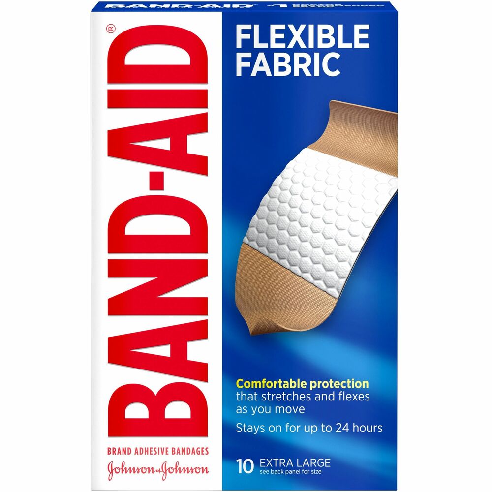 JOJ5685 - Try Band-Aid Brand Sterile Flexible Fabric Adhesive Bandages to cover and protect minor wounds, cuts, scrapes and burns. Memory Weave fabric stretches and flexes as you move for all-day comfort and flexibility. Each fabric bandage features a Quilt-Aid Comfort Pad to cushion and protect painful wounds while you heal to help prevent re-injury. Hurt-Free Pad won't stick to the wound as they wick away blood and fluids, allowing gentle, pain-free removal. From a doctor-recommended bandage brand, these extra-large adhesive bandages help protect against dirt and germs that may cause infection for up to 24 hours, making them a great addition to a first aid kit or wound care supplies. Plus, wounds covered with a bandage heal faster than uncovered wounds. For proper wound care, change bandage daily.