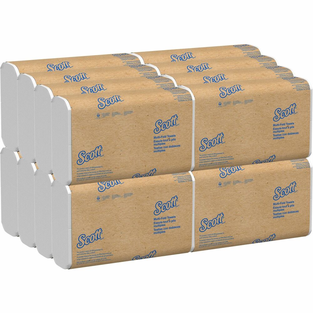 KCC01840 - Scott Multifold Paper Towels are packed in a space-saving case to create a compact storage solution. When your office restroom or kitchen needs commercial paper towels, these Scott Multifold Paper Towels are an economical choice. Absorbency Pockets soak up water fast to use fewer paper towels and help reduce waste. They fit into any universal dispenser (not included) for tri-fold or multifold towels. They meet EPA guidelines for minimum post-consumer waste content and are FSC and EcoLogo certified. These paper towels are part of Kimberly-Clark Professional's Responsible Partners program designed to reach these sustainability goals: lighten collective footprint, enhance product efficiencies, transport in an environmentally responsible way and reduce greenhouse gas emissions (GHG). More from the Manufacturer