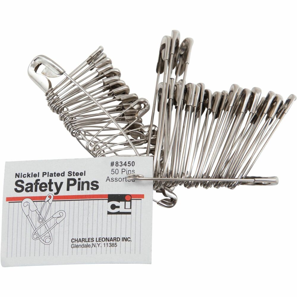 LEO83450 - Nickel-plated steel safety pins feature rust-resistant finish. Smooth sharp points allow easy penetration. Traditional design is easy to use. Assorted sizes include 11/16" , 1-1/2" and 2".
