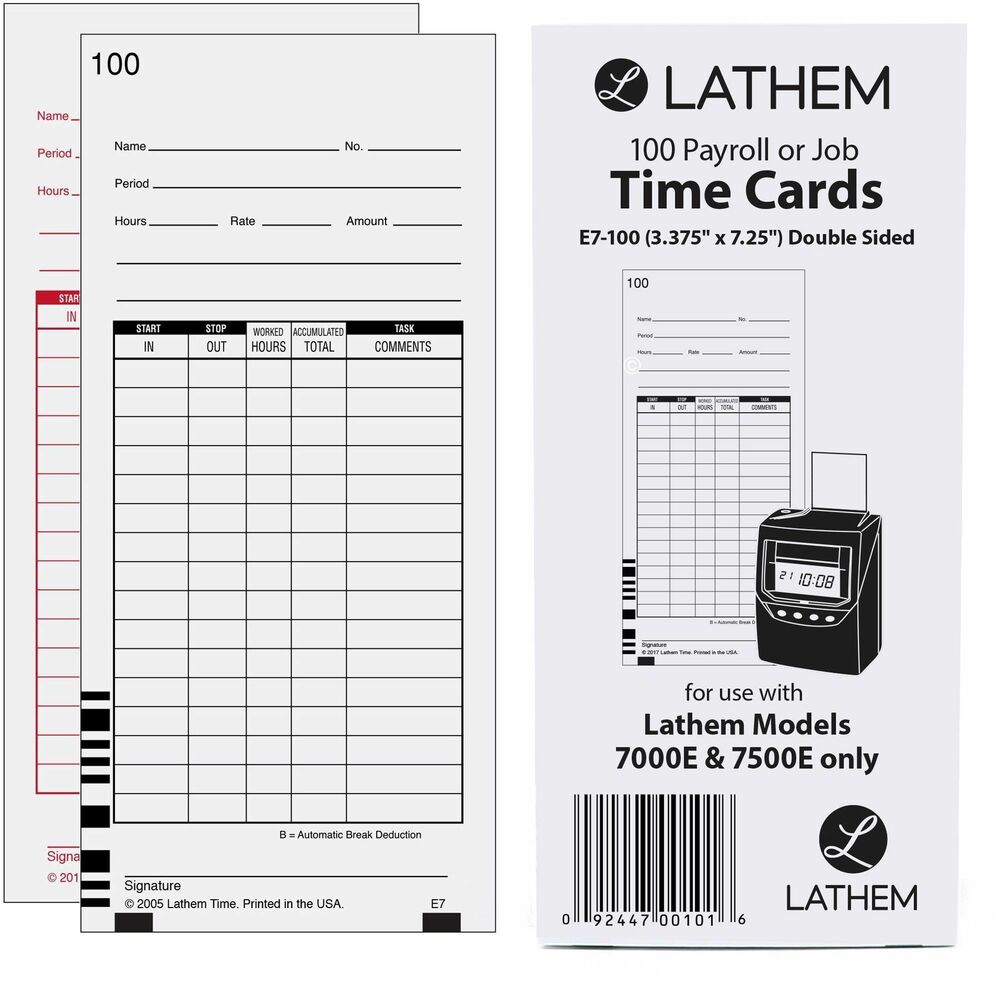 LTHE7100 - Time cards fit Lathem Electronic Totalizing Time Recorders 7000E and 7500E. Universal two-sided cards are numbered consecutively from 1 to 100 for all pay periods and job costing. They do not fit in standard-size, 9" time card racks. They require a smaller pocket, 7" card rack (sold separately).