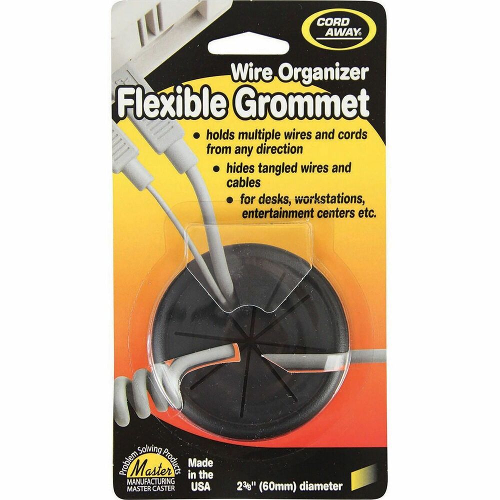 MAS00209 - Flexible grommet holds and manages multiple-sized wires and cords. Flexible opening of the single-piece grommet accommodates cords from different directions and keeps them hidden and away from the desktop. Grommet has a 2-3/8" diameter (60mm).