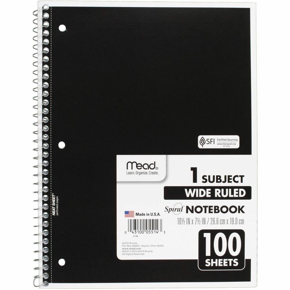 MEA05514 - One-subject notebook is versatile and perfect for a variety of uses including in-class note-taking and recording meeting notes. One-subject format means you can specifically use it for your favorite class or any project. Perforated white pages are wide-ruled and double-sided to provide plenty of note-taking space. Notebook spiral binding will not snag and resists uncoiling to keep your notes together. Notebook covers are coated for durability and come in assorted colors randomly chosen: blue, black, green, purple, red and yellow. Covers and 70 sheets of paper are three-hole punched so you can easily store it inside a binder.