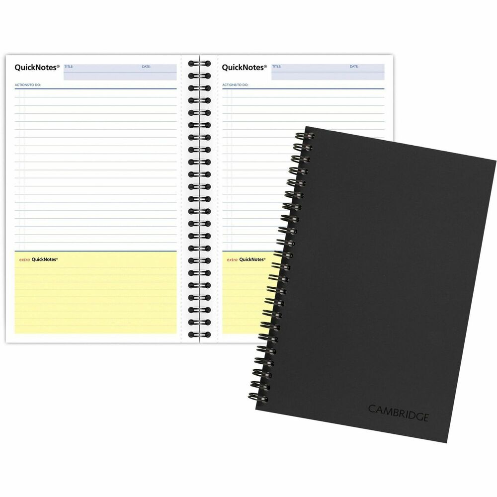 MEA06096 - Business notebook with Quicknotes features unique yellow notes area to highlight important to dos, tasks and phone calls on each page. One-subject format includes 80 sheets made of premium, 20 lb., recycled white paper. Each sheet is ruled for neater notes and perforated for clean removal. Wirebound notebook is side-bound and has a black linen cover with a silver foil-stamped, Cambridge logo.