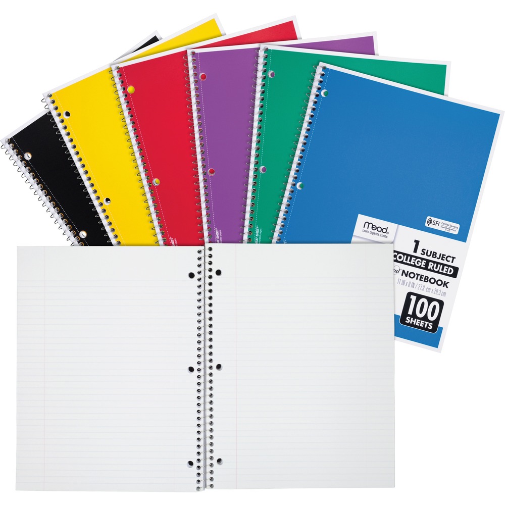 MEA06622 - Classic, one-subject spiral notebook can always come in handy. Great for taking notes in class, recording meeting notes or keeping track of your to-dos, this notebook is up to the task. College-ruled pages maximize the available space and keep your handwriting neatly aligned. Double-sided ruling provides plenty of note-taking space. Notebook spiral binding will not snag and resists uncoiling to keep your notes together. Notebook cover is coated for durability. Perforated pages neatly and cleanly tear out paper. They are three-hole punched for storage within a binder. Notebook includes 100 sheets in a standard, 11" x 8-1/2" page size.