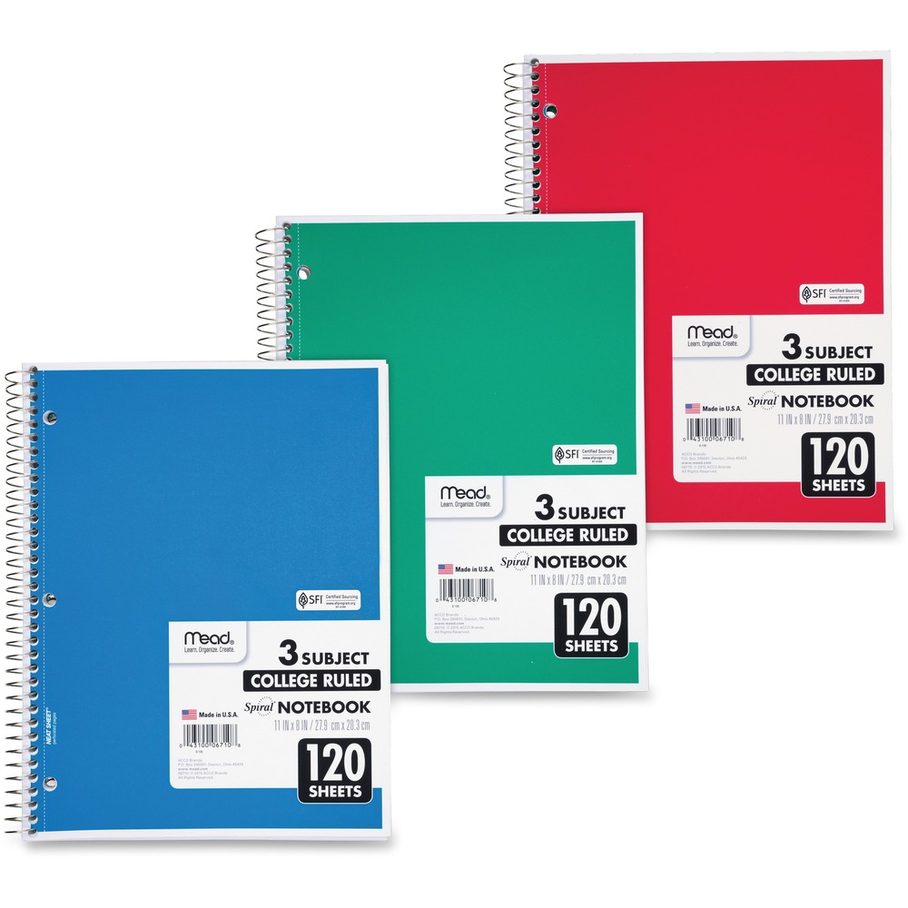 MEA06710 - Wirebound notebook features three subjects, 120 sheets, a tan board back and heavyweight cover. Each sheet is college-ruled. Assorted cover colors include green, red and blue, and a random color will be shipped.