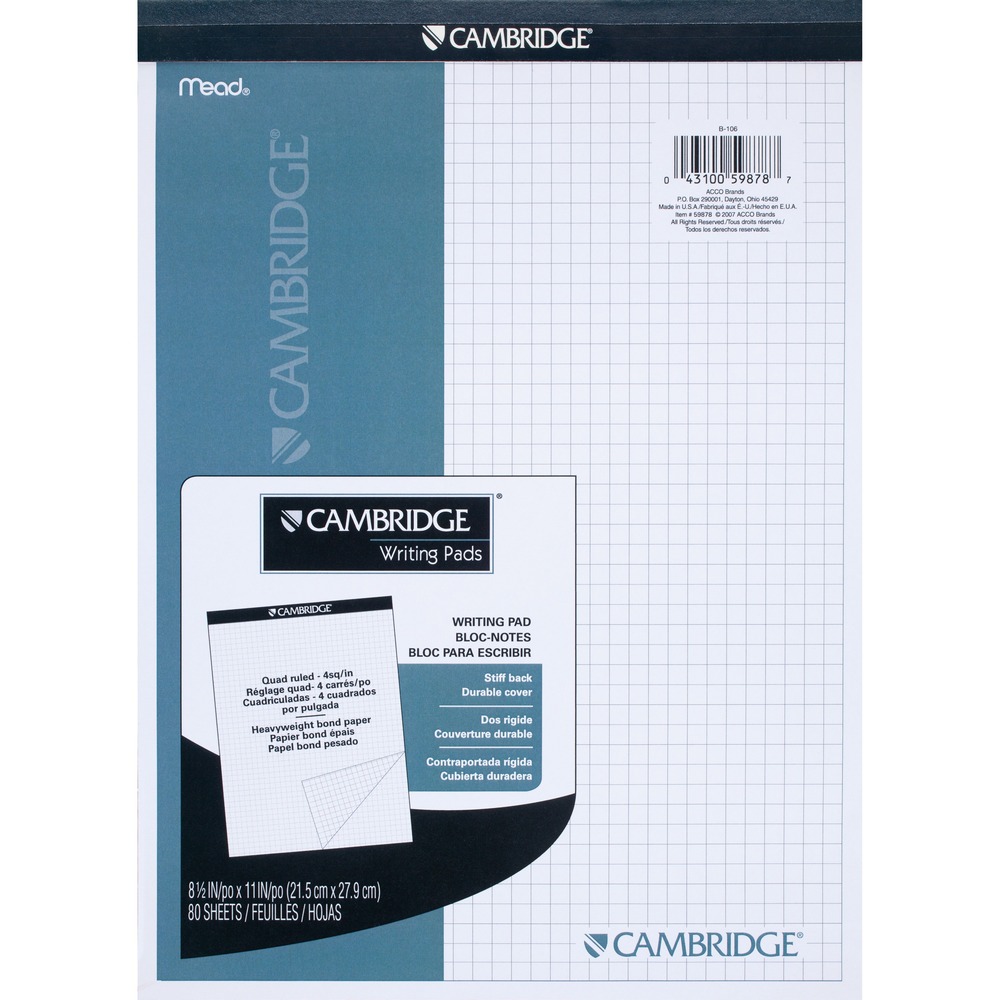 MEA59878 - Planning pad offers stiff-back construction and a professional hinged cover. Heavyweight, special finish paper is quad-ruled and microperforated for clean tear-out. Pad contains 80 sheets.