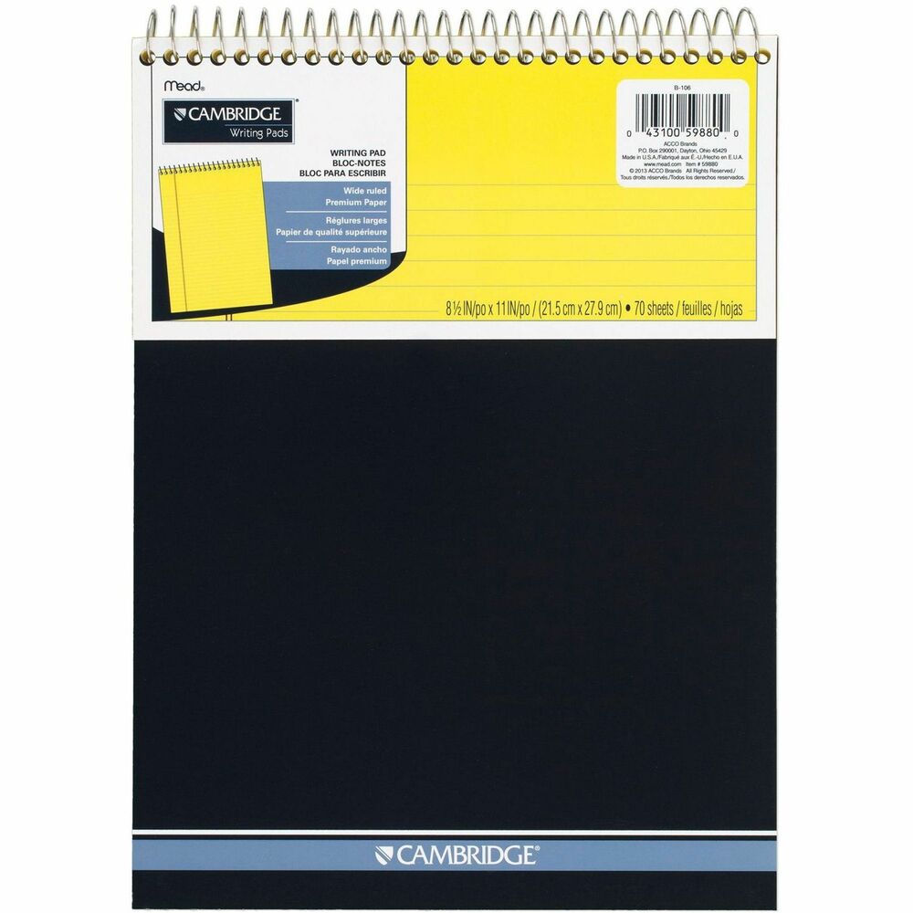 MEA59880 - Wirebound pad contains 70 sheets of heavyweight, 20 lb. paper. Each sheet is microperforated for clean tear-out and wide-ruled with 11/32" line spacings and a 1-1/4" left margin. Design includes a stiff, 80 point backing for portable writing convenience. Pad has spiral lock at the top for easy note-taking and a protective cover.