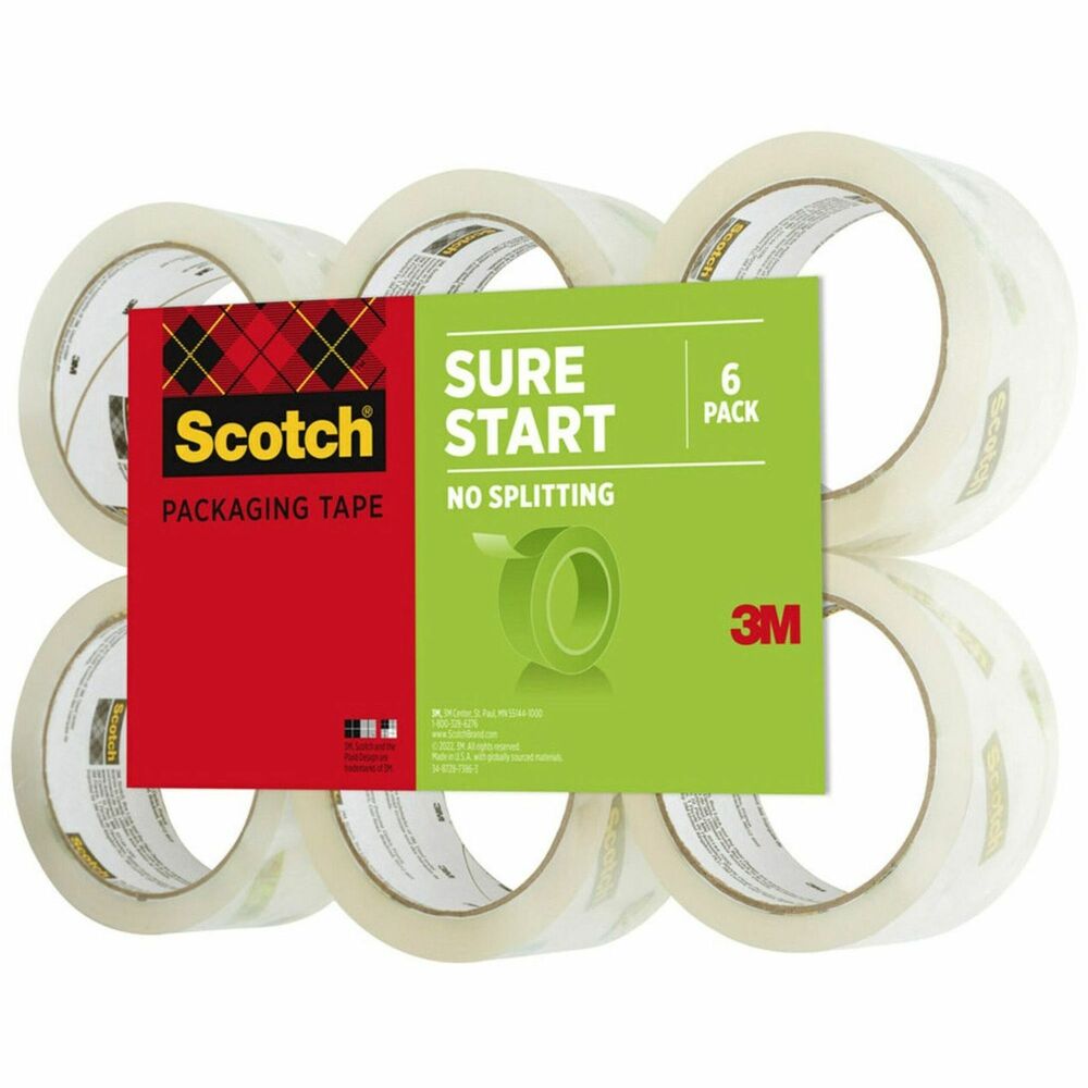 MMM35006 - Sure Start Shipping Packaging Tape features technology that allows a smooth, easy unwind for less noise when in a crowded office or a quiet cubicle setting. Sure Start means the tape unwinds smoothly from start to finish with no slivering or splitting for frustration-free taping. The tape's strong adhesion will keep heavy boxes sealed. Tape meets U.S. Postal Regulations for standard packages. More from the Manufacturer