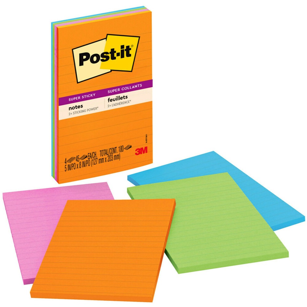 MMM5845SSUC - Post-it Super Sticky Notes feature a unique adhesive so your notes will stick securely to more surfaces. Now you can stick your notes where they'll really get noticed - like monitors, doors and walls. With lines to keep your notes straight, the 5" x 8" size is big enough to carry as a notepad to capture important ideas. Super Sticky Notes hold longer and stronger than original notes yet remove cleanly. The Rio de Janeiro Color Collection is expressive and dramatic with colors celebrating this Brazilian metropolis. Super Sticky Post-it Notes are recyclable, and the paper in Post-it Notes is sourced from certified, renewable and responsibly managed forests. More from the Manufacturer