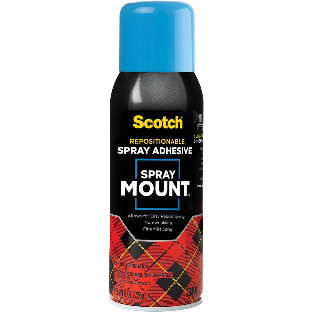 MMM6065 - Spray Mount is a repositionable spray adhesive and excellent for layouts, posters, presentations, graphic designs and more. It bonds most acetate, foils, fabrics, light tissues and newsprint. Convenient and versatile, the light spray allows repositioning while a heavier spray allows a stronger bond. Quick-tack, nonwrinkling adhesive resists bleed-through. This adhesive contains 1,1-Difluoroethane (DFE).
