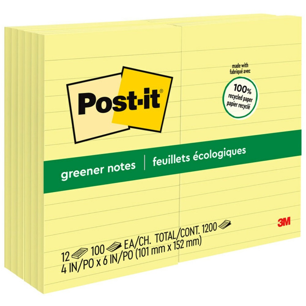 MMM660RPYW - Post-it Greener Notes help support a better future by using recycled paper and plant-based adhesive. With lines to keep your notes straight, these self-stick removable notes stick securely and remove cleanly. Capture important details with the 4" x 6" size. Familiar and attention-getting, Canary Yellow Notes help get your message across. Greener Post-it Notes are recyclable, and the paper in Post-it Notes is sourced from certified, renewable and responsibly managed forests. More from the Manufacturer