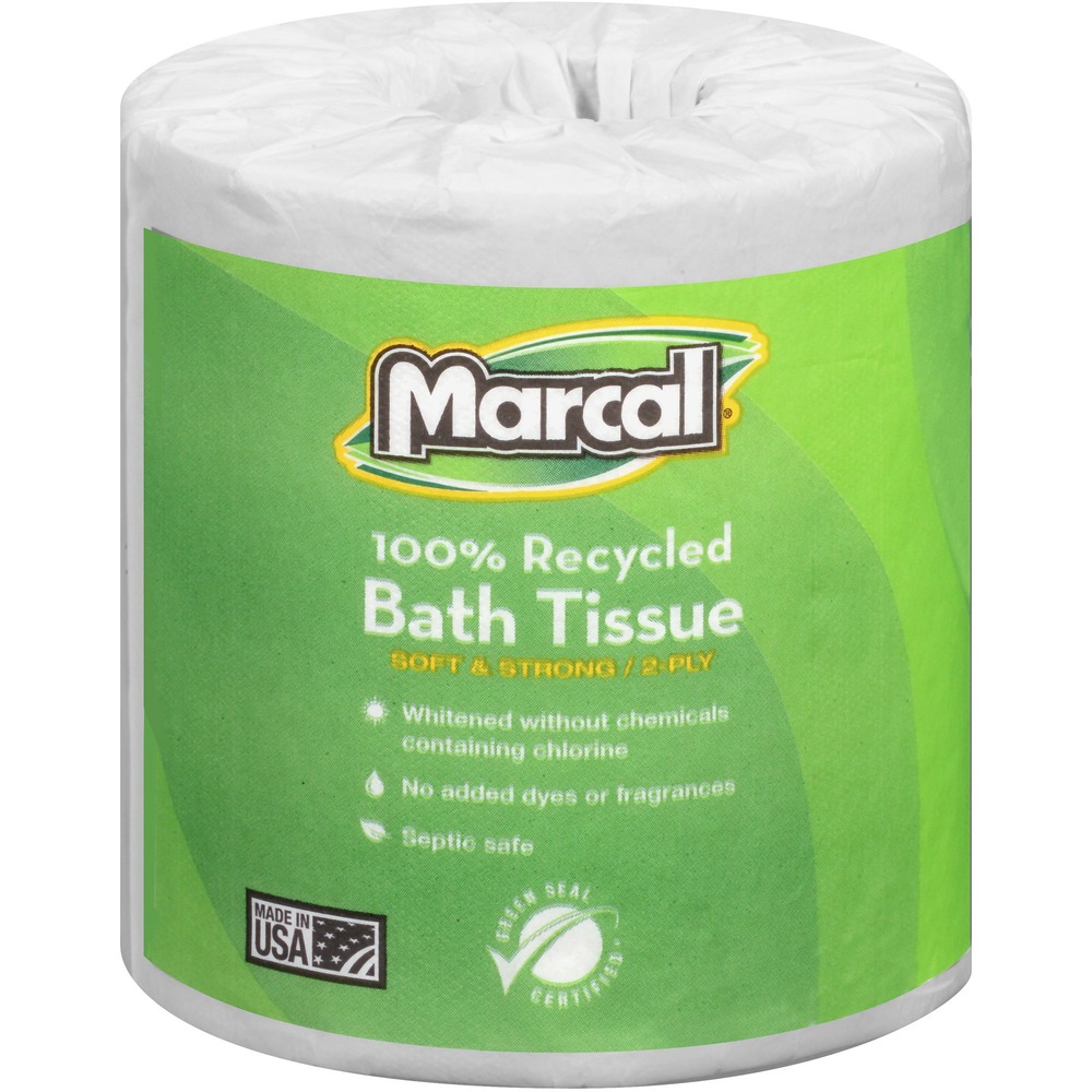 MRC6079 - Recycled bathroom tissue is Green Seal certified and whitened without chemicals containing chlorine bleach. It is hypoallergenic and has no added dyes or fragrances. Septic-safe tissue is soft, strong, absorbent and virtually lint-free. It comes on individually wrapped rolls for convenient, sanitary storage so it's ideal for all office sizes. Each roll contains 336 perforated sheets. Two-ply tissue is made from a high percentage of recycled fiber. Use in standard, household bathroom tissue dispensers.
