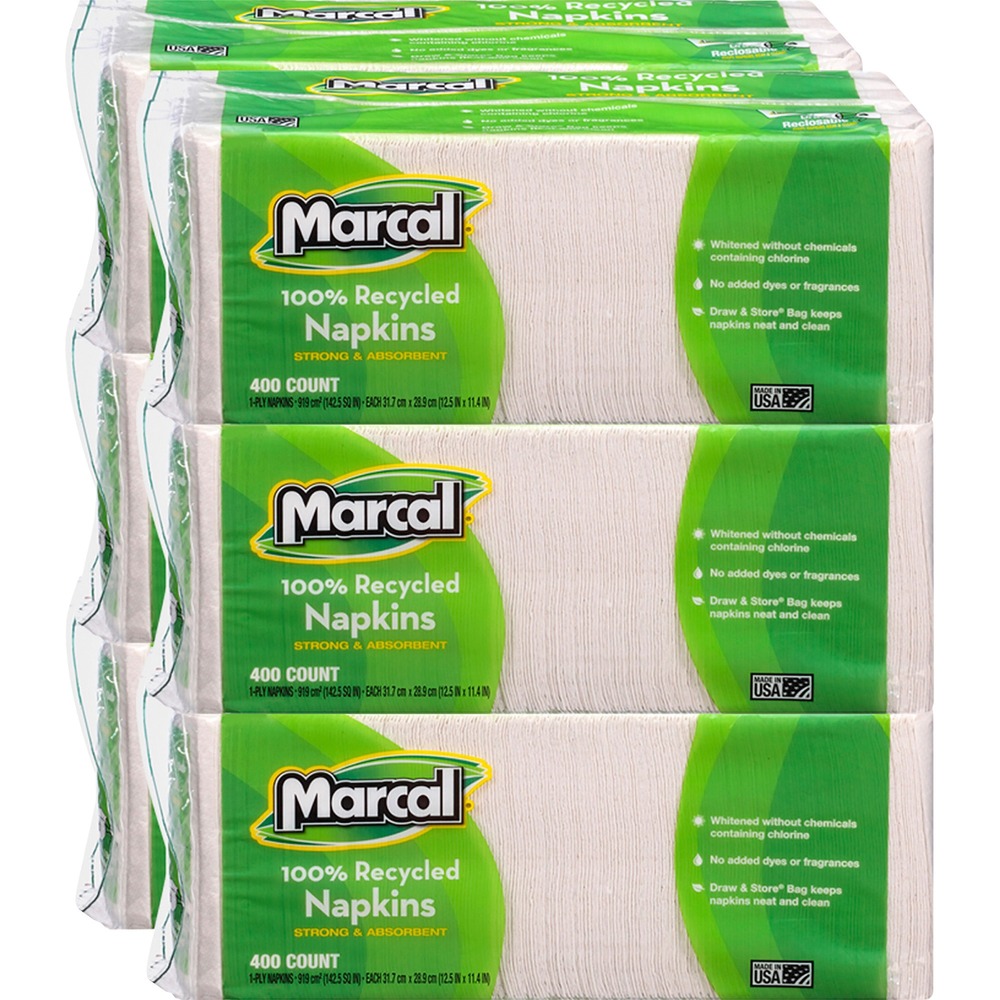 MRC6506CT - Recycled luncheon napkins are conveniently packaged in a Draw and Store reclosable bag for easy, sanitary storage. They are whitened without chemicals containing chlorine bleach. The hypoallergenic napkins have no added dyes or fragrances. They are strong and absorbent. Napkins contain a high percentage of recycled material.