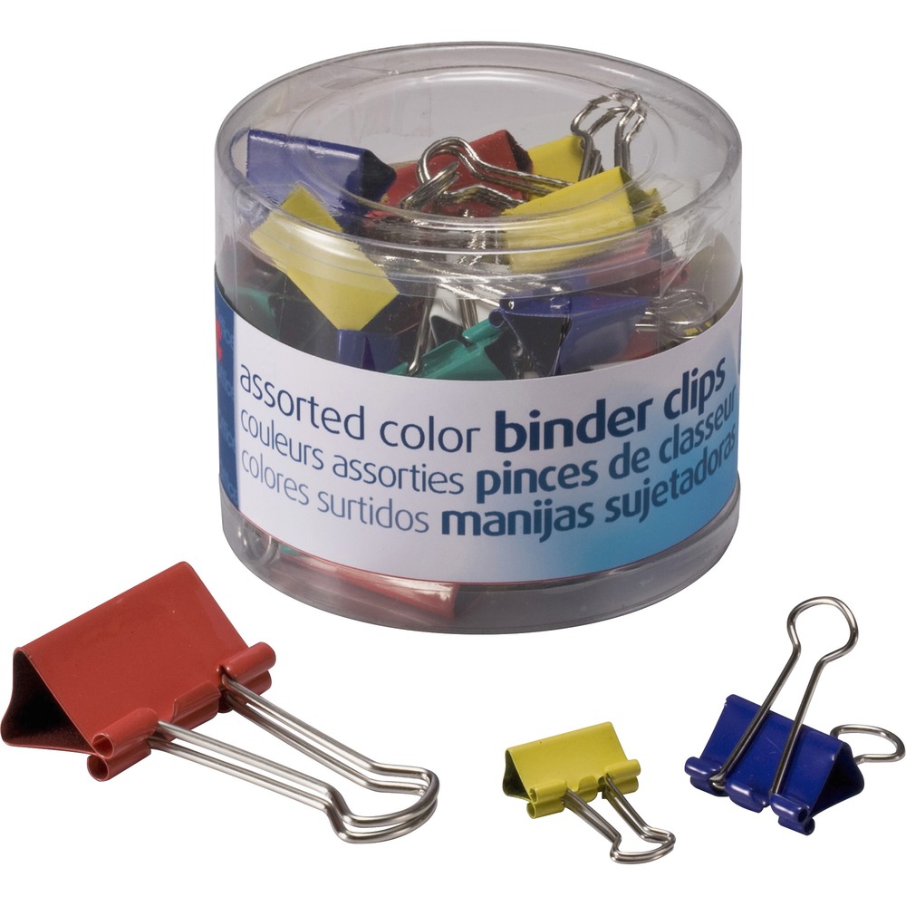 OIC31026 - Durable binder clips offer wire handles for upright hanging so you can organize thick packets of information in your work space. Each clip is made with a corrosion-resistant coating for durability. The reusable tub includes a variety of binder clips in assorted sizes and colors. The mini clip has a 1/4" capacity. The small clip has a 3/8" capacity, and the medium clip has a 5/8" capacity. Assorted clip colors include green, white, yellow, blue and red. More from the Manufacturer