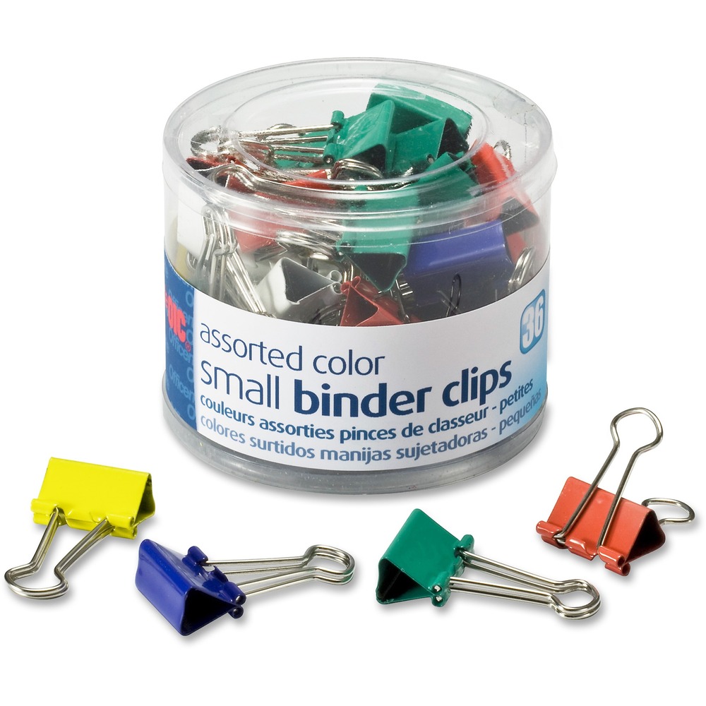 OIC31028 - Durable binder clips offer wire handles for upright hanging so you can organize thick packets of information in your work space. Each clip is made with a corrosion-resistant coating for durability. Small binder clip has a 3/8" capacity. The reusable tub includes small binder clips in assorted colors. Assorted clip colors include blue, green, white, and red. More from the Manufacturer