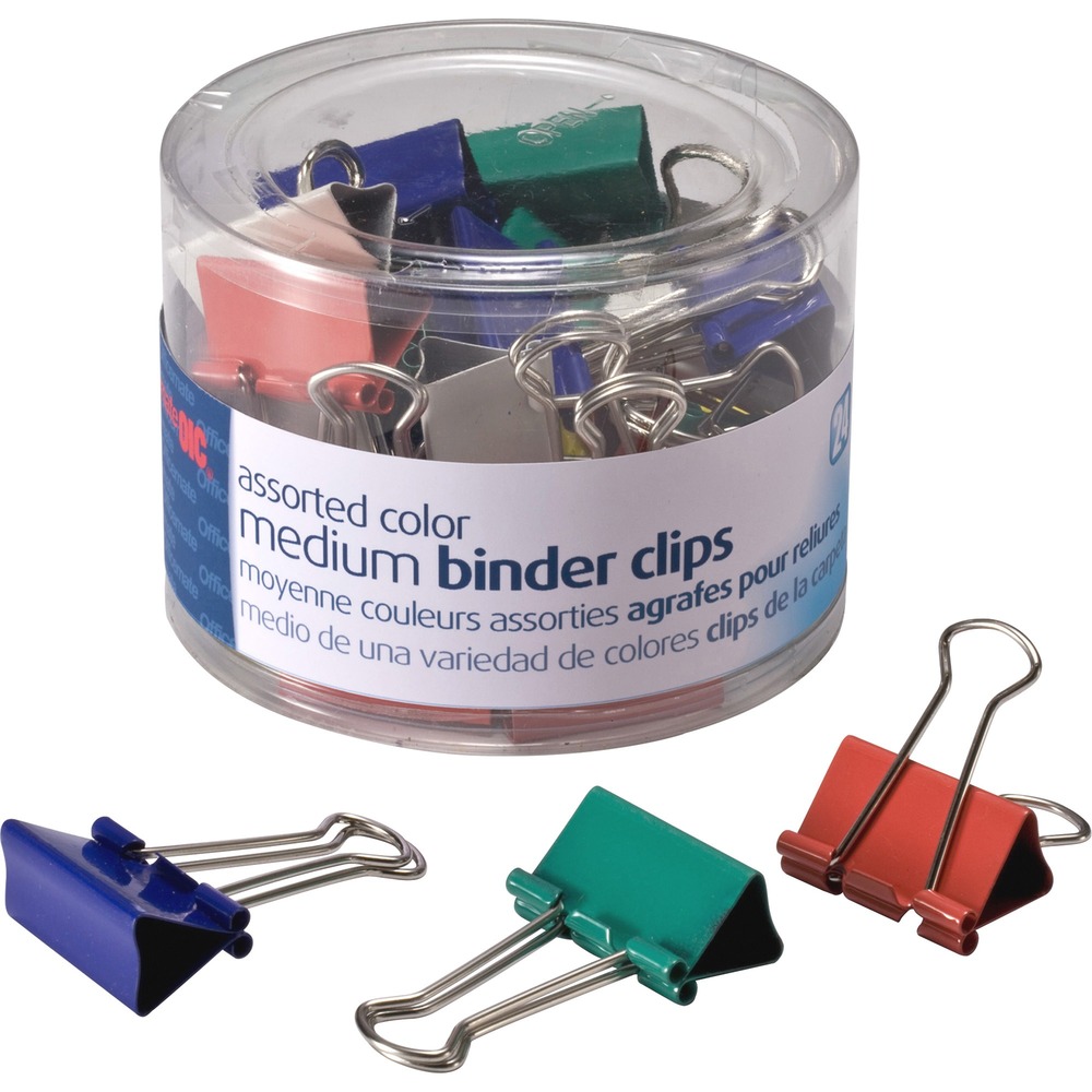 OIC31029 - Durable binder clips offer wire handles for upright hanging so you can organize thick packets of information in your work space. Each clip is made with a corrosion-resistant coating for durability. Medium binder clip has a 5/8" capacity. The reusable tub includes medium binder clips in assorted colors. Assorted clip colors include blue, yellow, white, and red. More from the Manufacturer